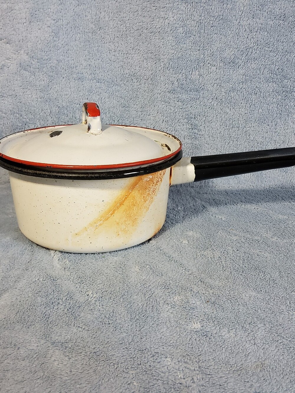 Vintage Enamelware Saucepan Pot With Lid White Black Red Trim Farmhouse Decor